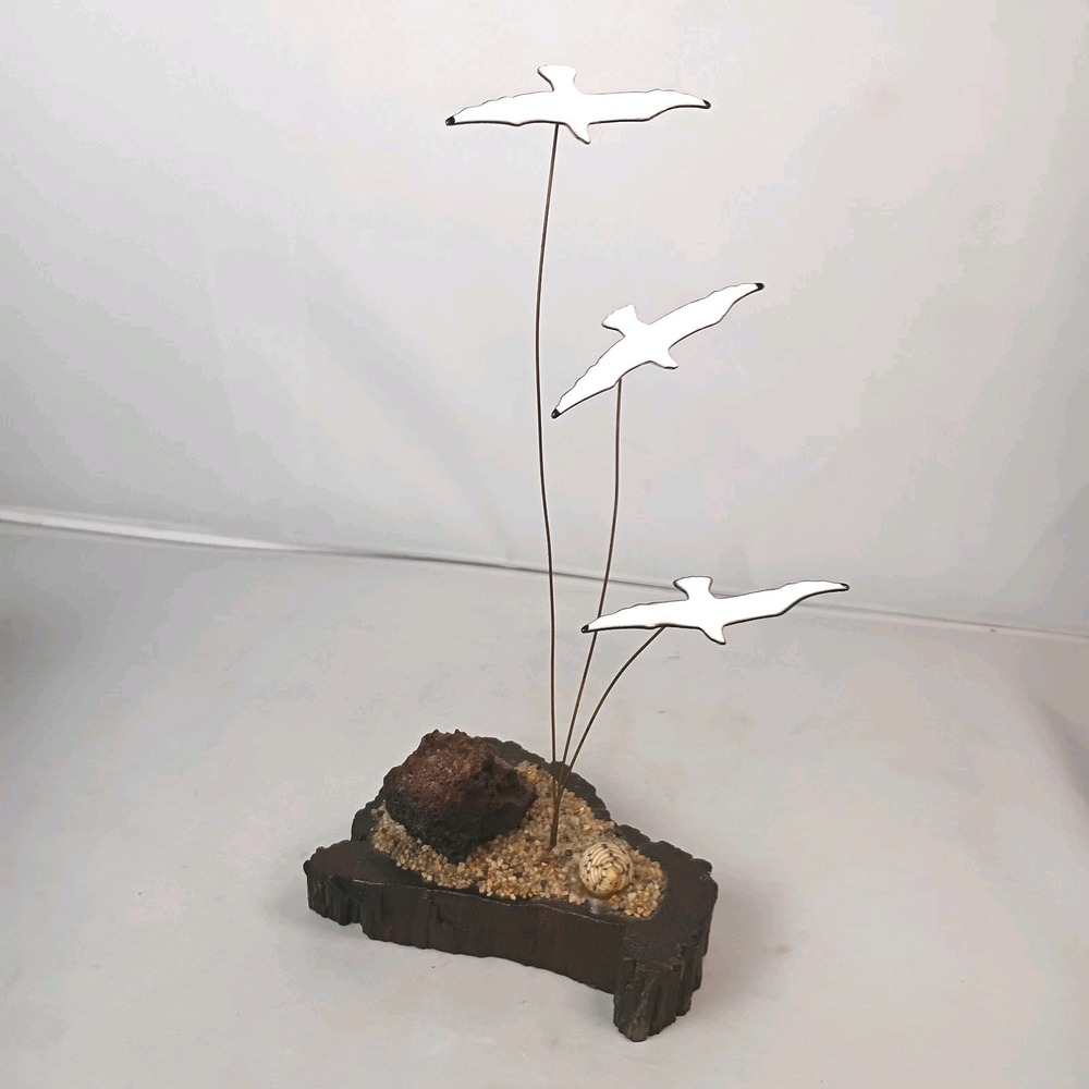 Eneg Creations MCM Art Kinetic 3 Flying Enamel Seagulls Wood Base USA Brutalist